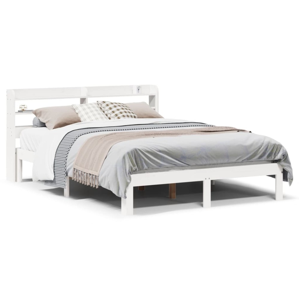 vidaXL Cadru de pat cu tăblie, alb, 135x190 cm, lemn masiv de pin