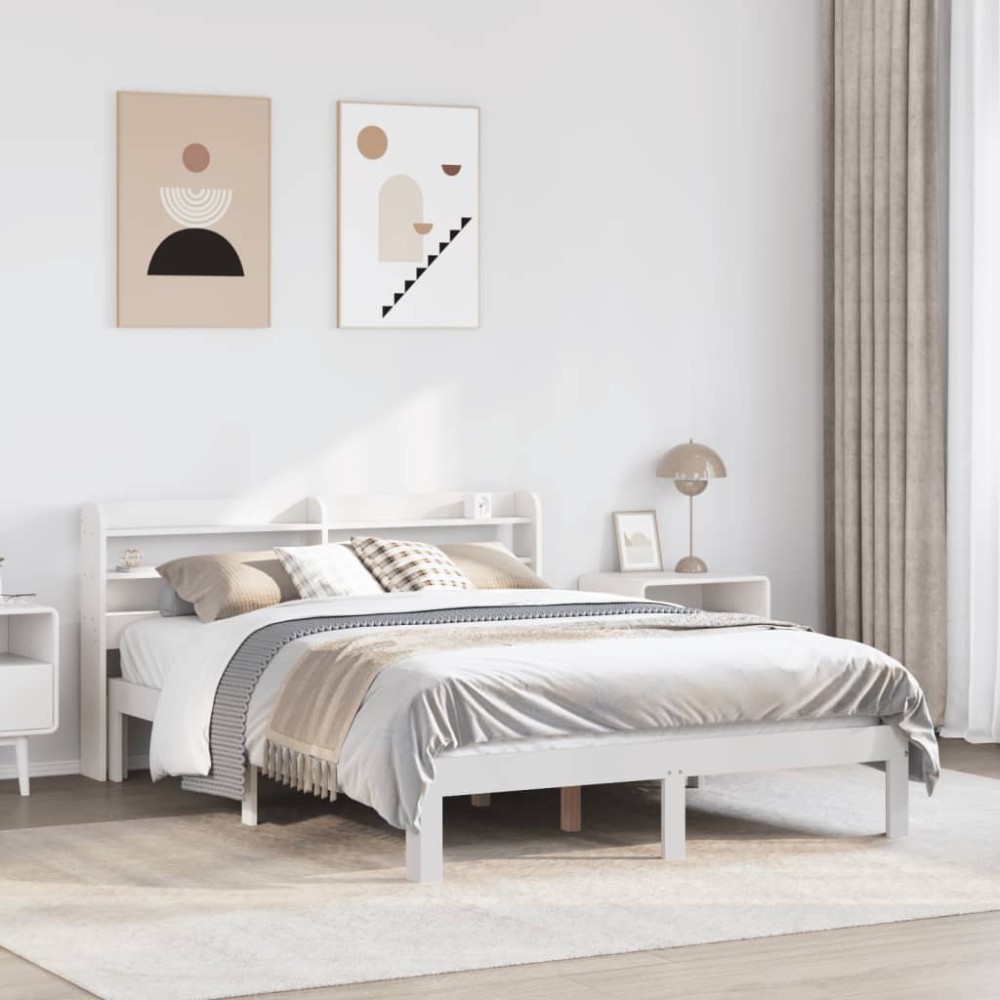 vidaXL Cadru de pat cu tăblie, alb, 135x190 cm, lemn masiv de pin