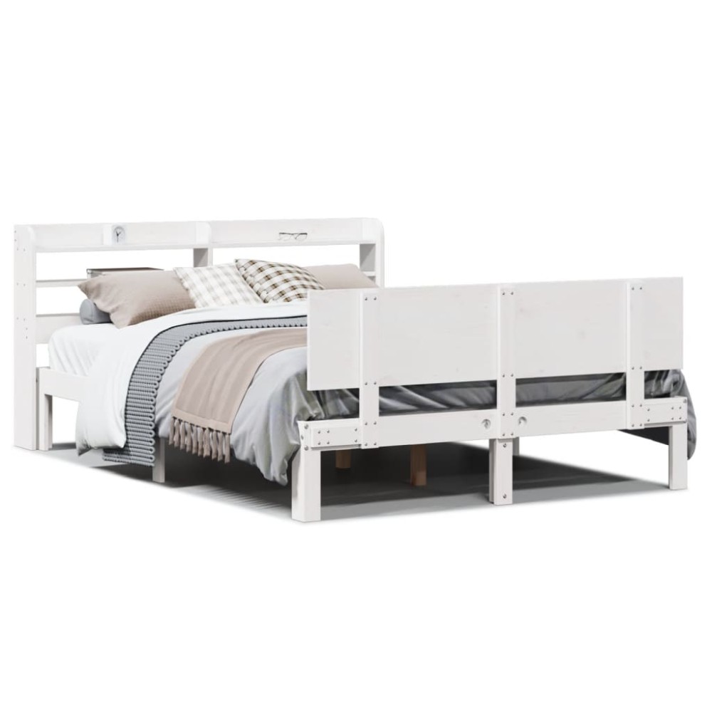 vidaXL Cadru de pat cu tăblie, alb, 135x190 cm, lemn masiv de pin