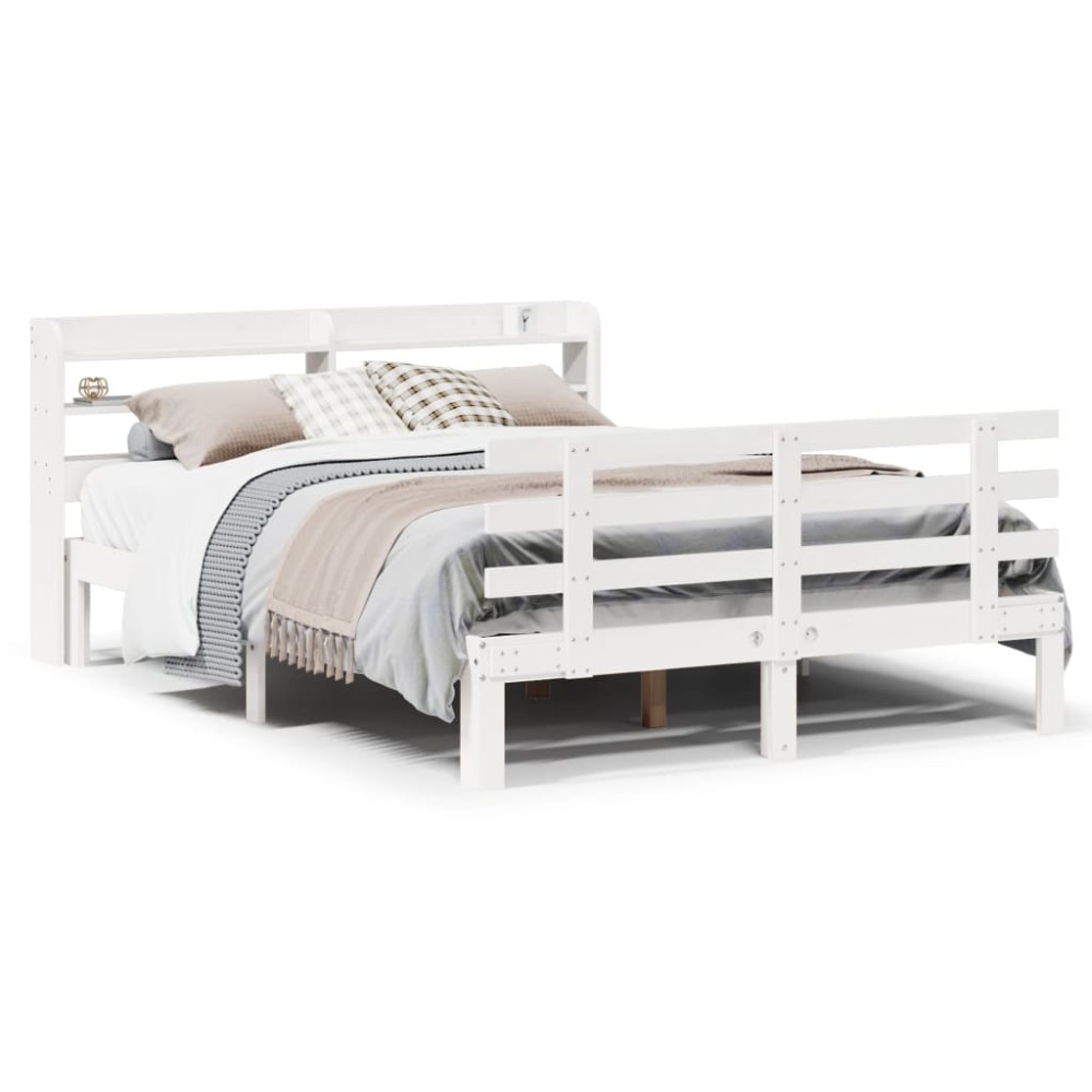 vidaXL Cadru de pat cu tăblie, alb, 135x190 cm, lemn masiv de pin