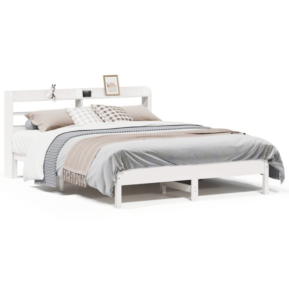vidaXL Cadru de pat fără saltea, alb, 135x190 cm, lemn masiv de pin