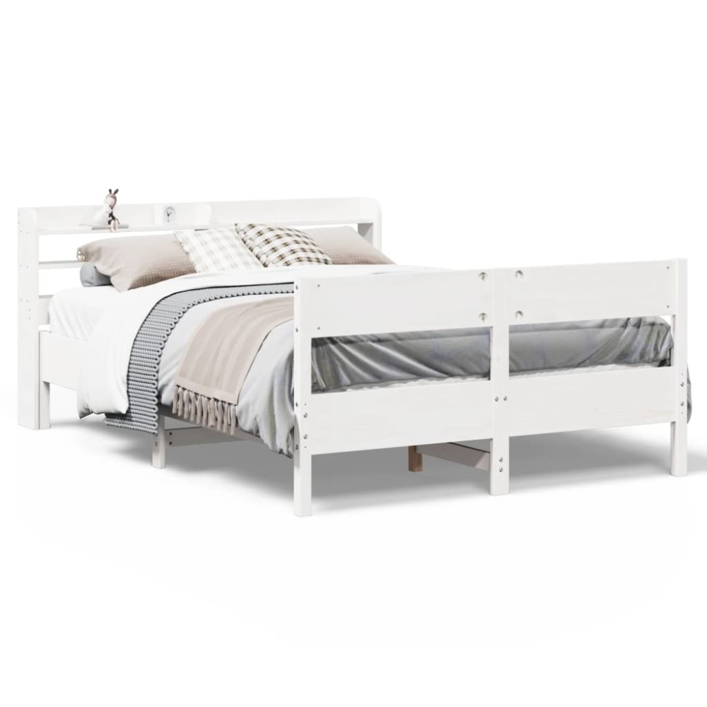 vidaXL Cadru de pat fără saltea, alb, 135x190 cm, lemn masiv de pin