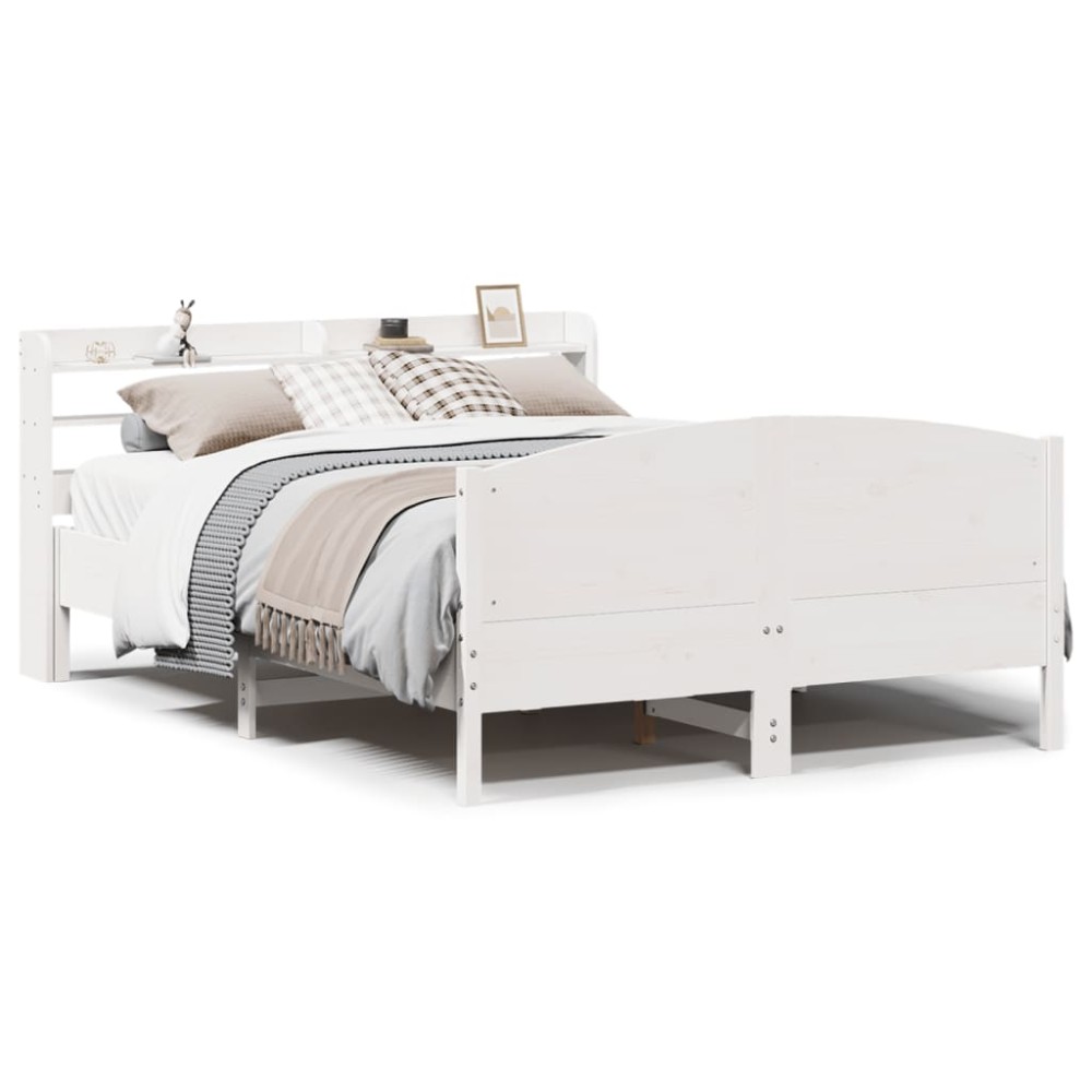 vidaXL Cadru de pat fără saltea, alb, 135x190 cm, lemn masiv de pin