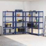 vidaXL Rafturi de depozitare cu 5 niveluri, 4 buc., albastru oțel/lemn vidaXL Rafturi de depozitare cu 5 niveluri, 4 buc., albastru oțel/lemn