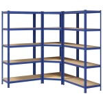 vidaXL Set de 3 rafturi cu 5 straturi oțel albastru și lemn prelucrat vidaXL Set de 3 rafturi cu 5 straturi oțel albastru și lemn prelucrat