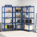 vidaXL Set de 3 rafturi cu 5 straturi oțel albastru și lemn prelucrat vidaXL Set de 3 rafturi cu 5 straturi oțel albastru și lemn prelucrat