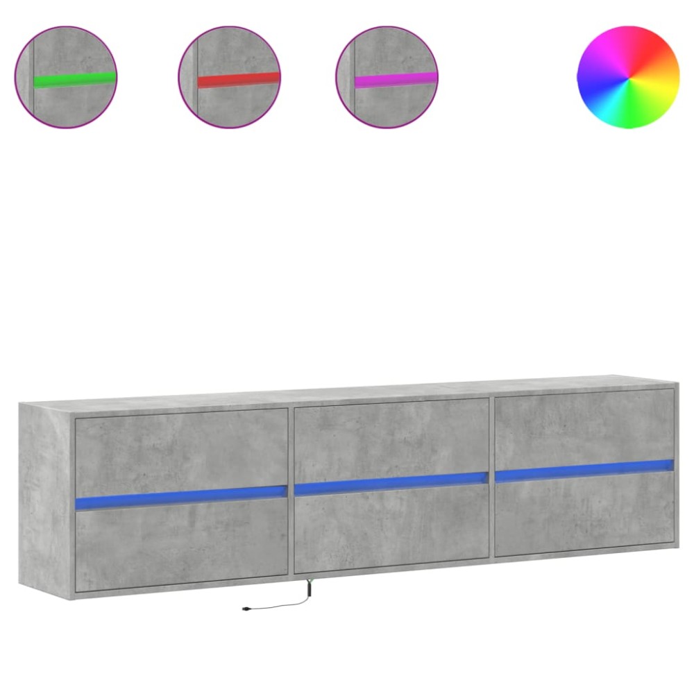 vidaXL Comodă TV de perete cu lumini LED, gri beton, 180x31x45 cm
