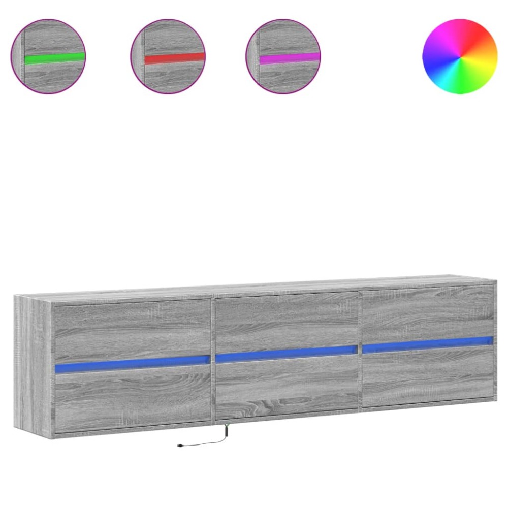 vidaXL Comodă TV de perete cu lumini LED, gri sonoma, 180x31x45 cm