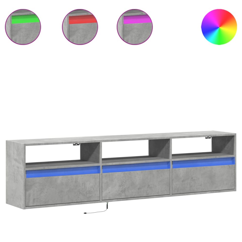 vidaXL Comodă TV de perete cu lumini LED, gri beton, 180x31x45 cm