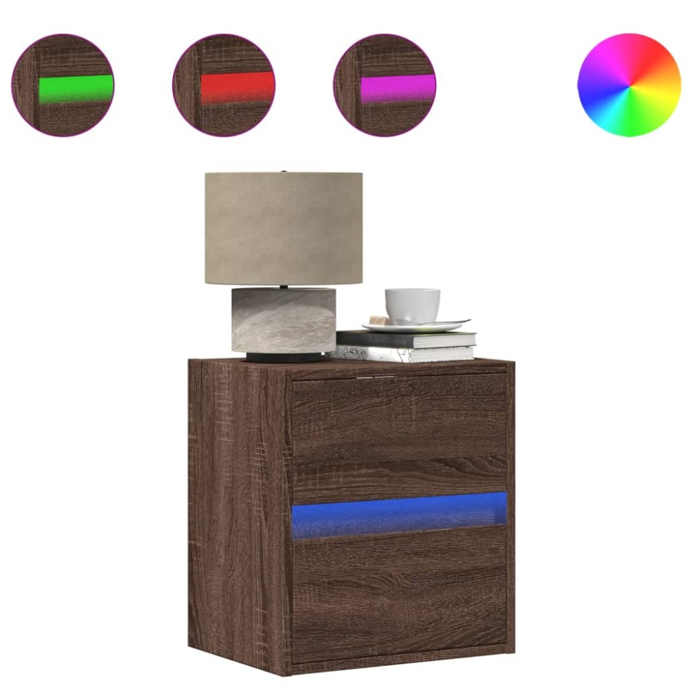 vidaXL Noptiere montate pe perete cu lumini LED, 2 buc., stejar maro