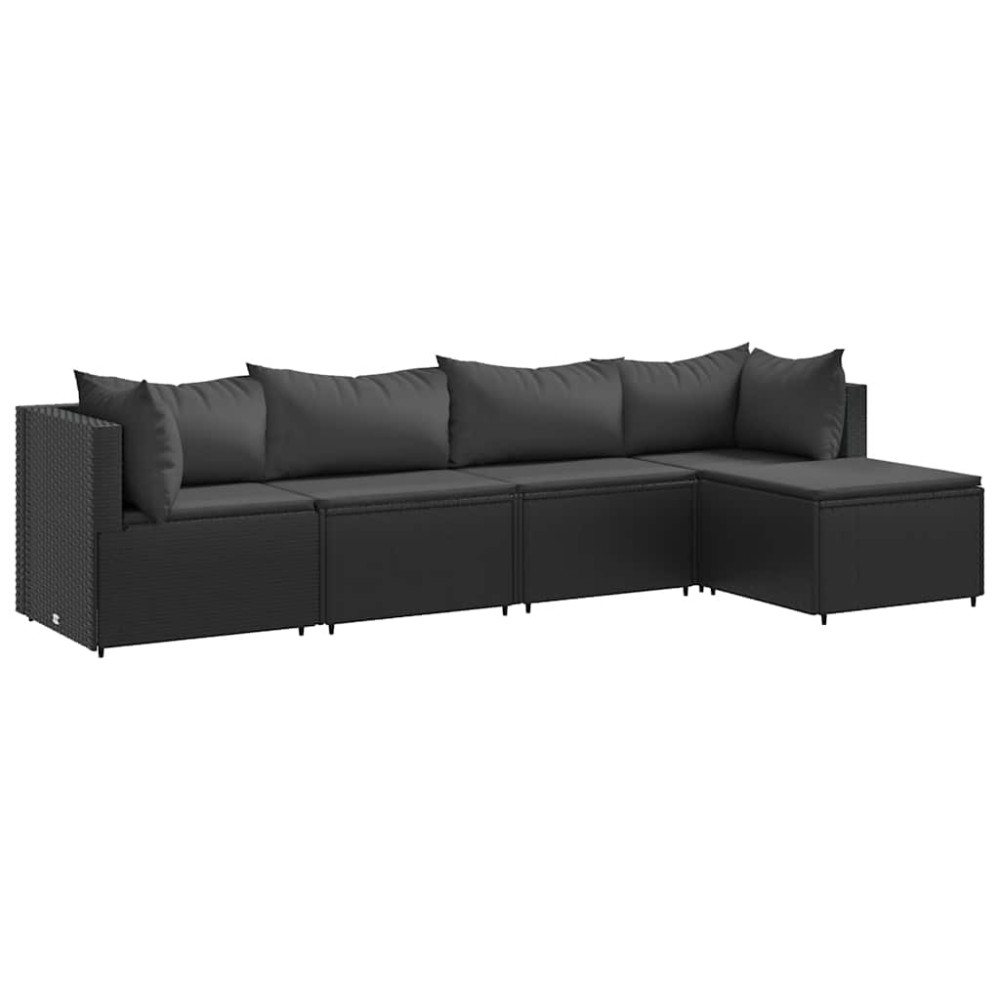 vidaXL Set șezlonguri de grădină, 5 piese, cu perne, negru, poliratan