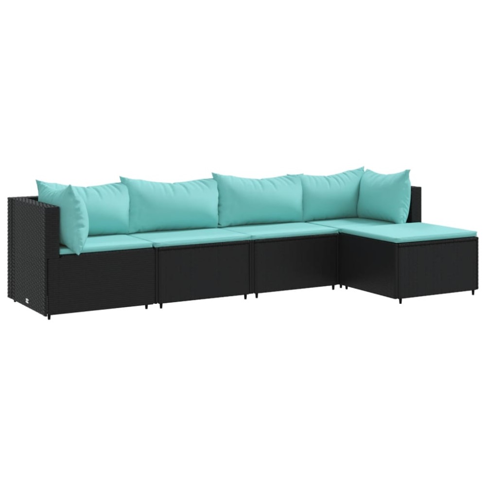 vidaXL Set șezlonguri de grădină, 5 piese, cu perne, negru, poliratan