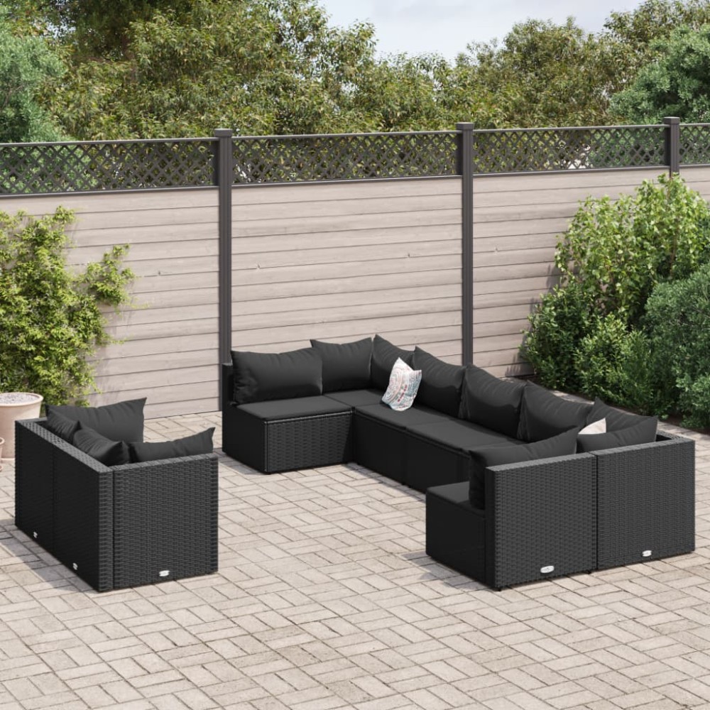 vidaXL Set mobilier de grădină cu perne, 9 piese, negru, poliratan