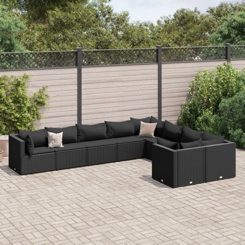 vidaXL Set mobilier de grădină cu perne, 9 piese, negru, poliratan