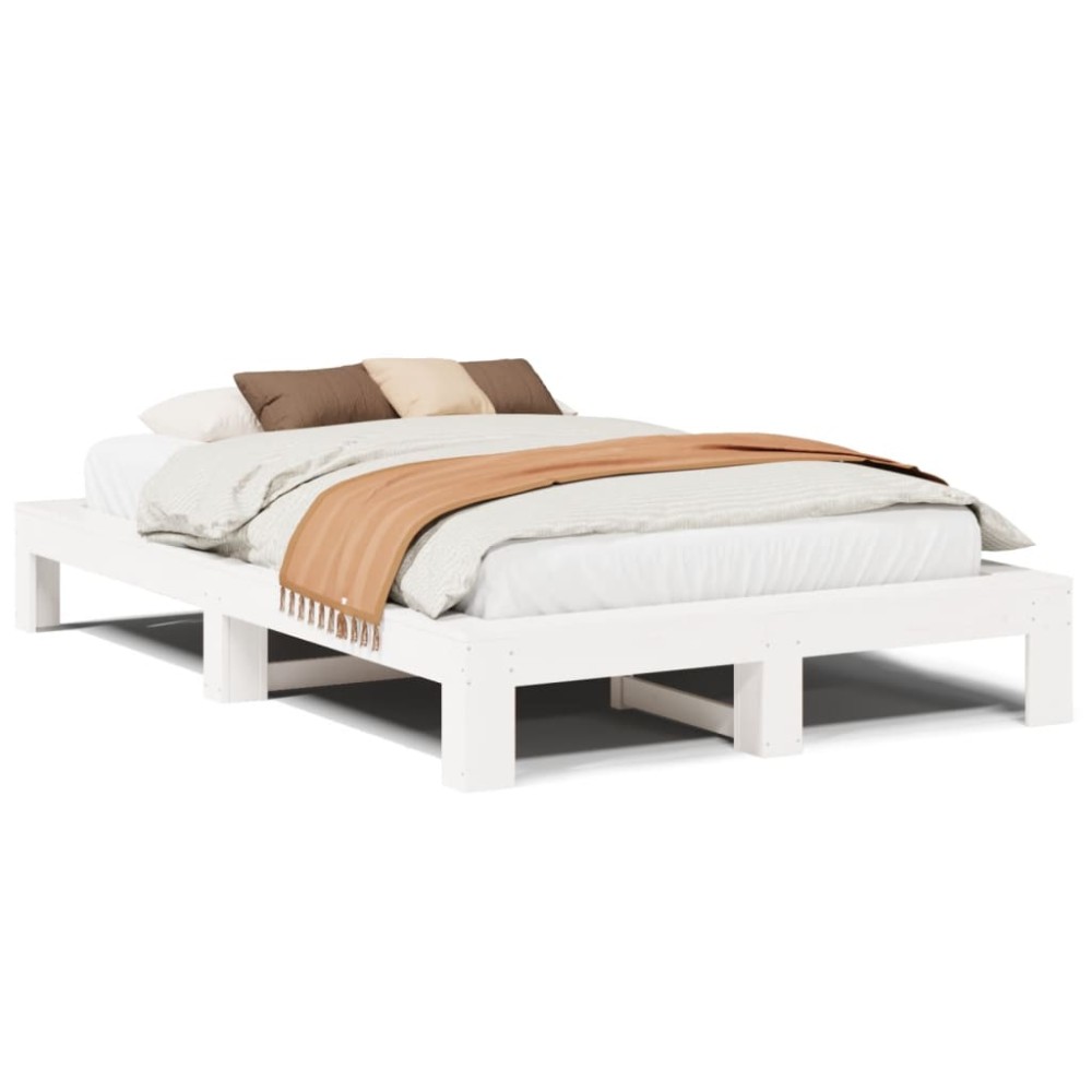vidaXL Cadru de pat fără saltea, alb, 135x190 cm, lemn masiv de pin