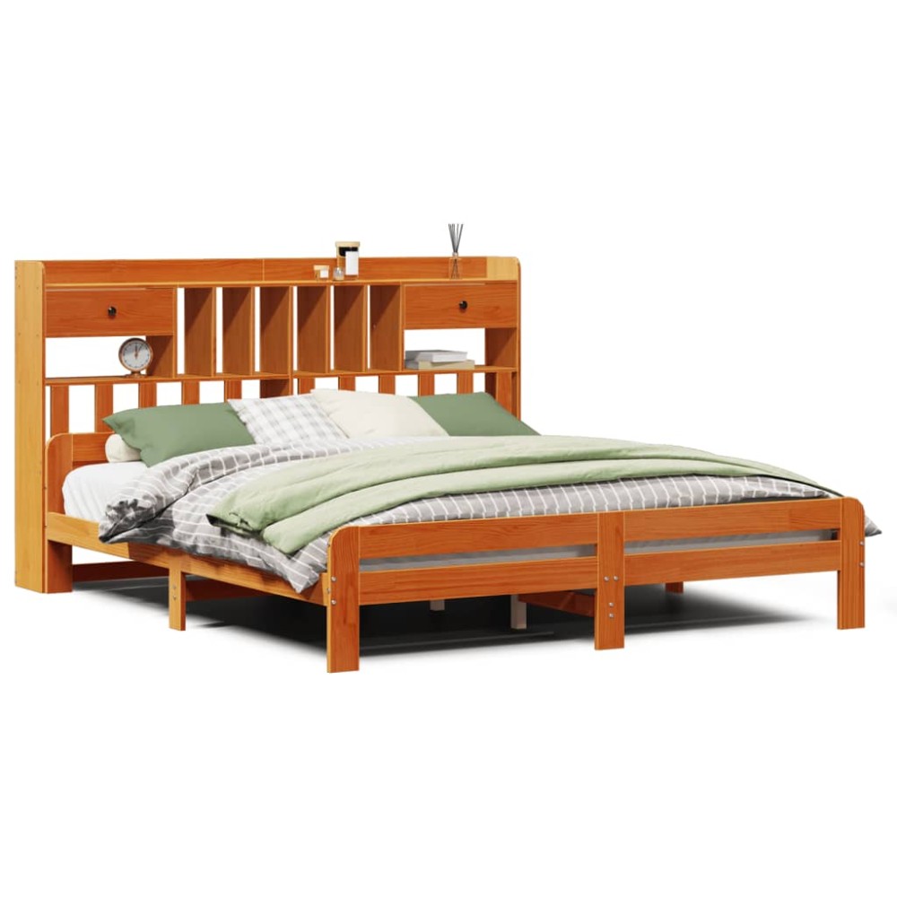 vidaXL Pat cu bibliotecă fără saltea maro 200x200 cm lemn masiv de pin