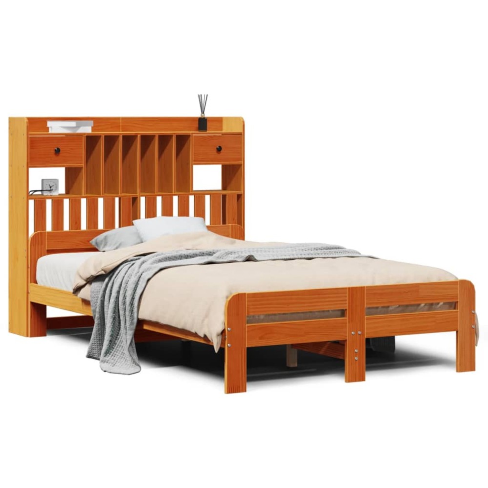 vidaXL Pat cu bibliotecă fără saltea maro 135x190 cm lemn masiv de pin