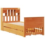 vidaXL Pat cu bibliotecă fără saltea, maro, 100x200 cm, lemn masiv pin vidaXL Pat cu bibliotecă fără saltea, maro, 100x200 cm, lemn masiv pin