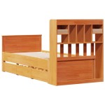 vidaXL Pat cu bibliotecă fără saltea, maro, 100x200 cm, lemn masiv pin vidaXL Pat cu bibliotecă fără saltea, maro, 100x200 cm, lemn masiv pin