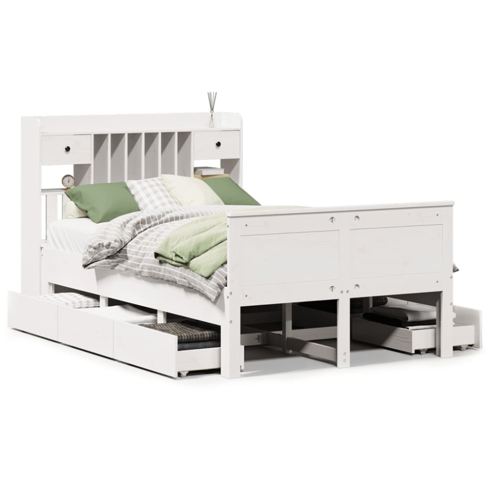 vidaXL Pat cu bibliotecă fără saltea, alb, 135x190 cm, lemn masiv pin