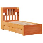 vidaXL Pat cu bibliotecă fără saltea, maro, 100x200 cm, lemn masiv pin vidaXL Pat cu bibliotecă fără saltea, maro, 100x200 cm, lemn masiv pin