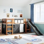 vidaXL Pat etajat de copii cu perdele, 80x200 cm, lemn masiv pin vidaXL Pat etajat de copii cu perdele, 80x200 cm, lemn masiv pin