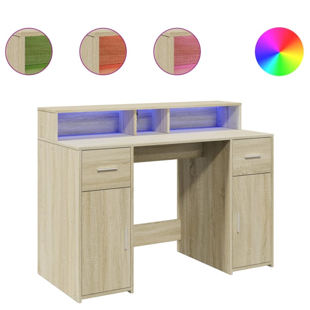 vidaXL Birou cu lumini LED stejar sonoma, 120x55x91 cm, lemn prelucrat