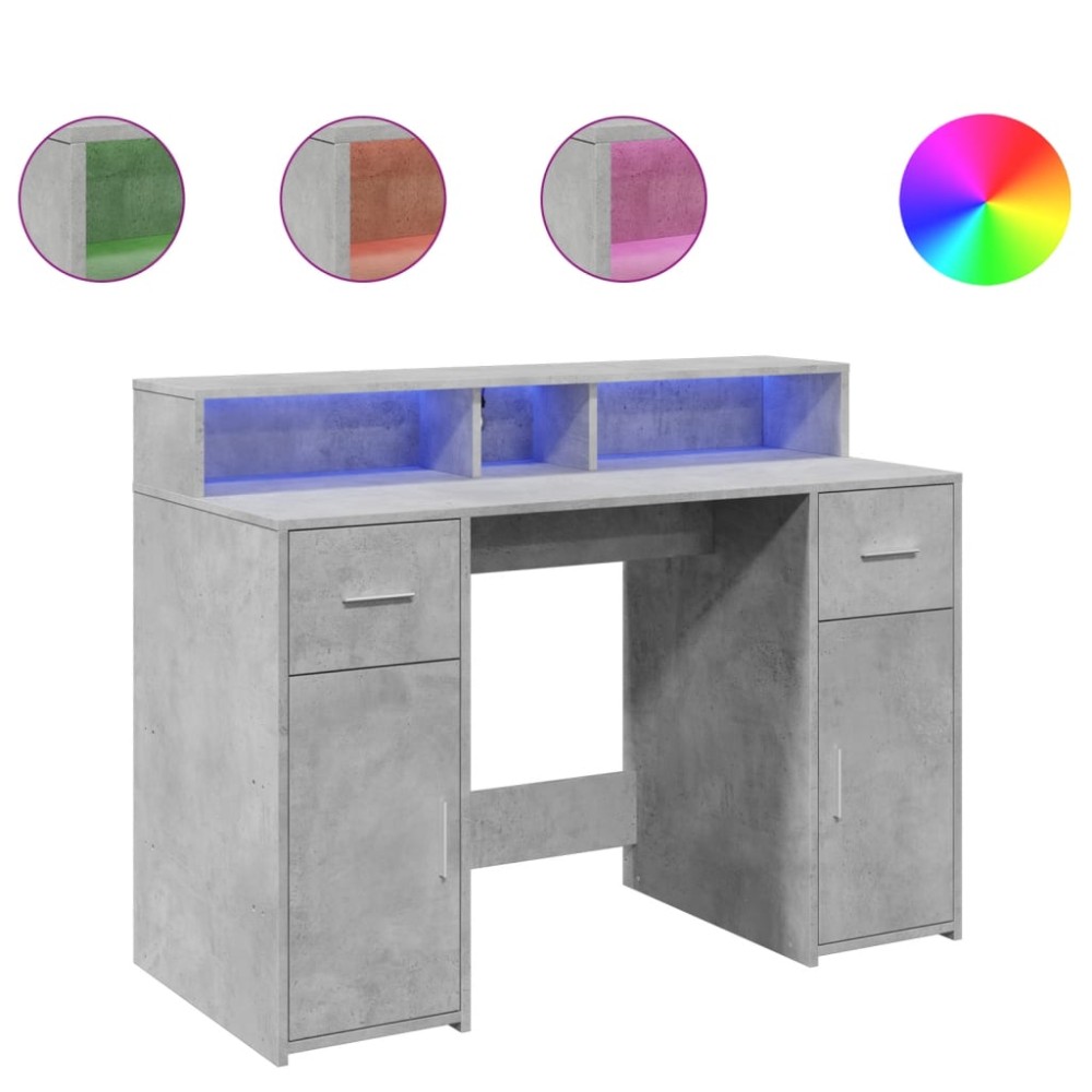vidaXL Birou cu lumini LED, gri beton, 120x55x91 cm, lemn prelucrat