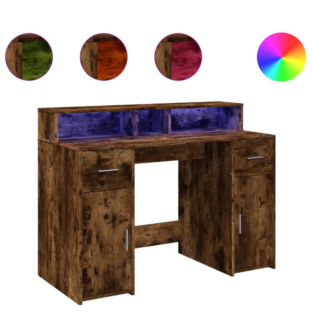 vidaXL Birou cu lumini LED stejar fumuriu 120x55x91 cm lemn prelucrat