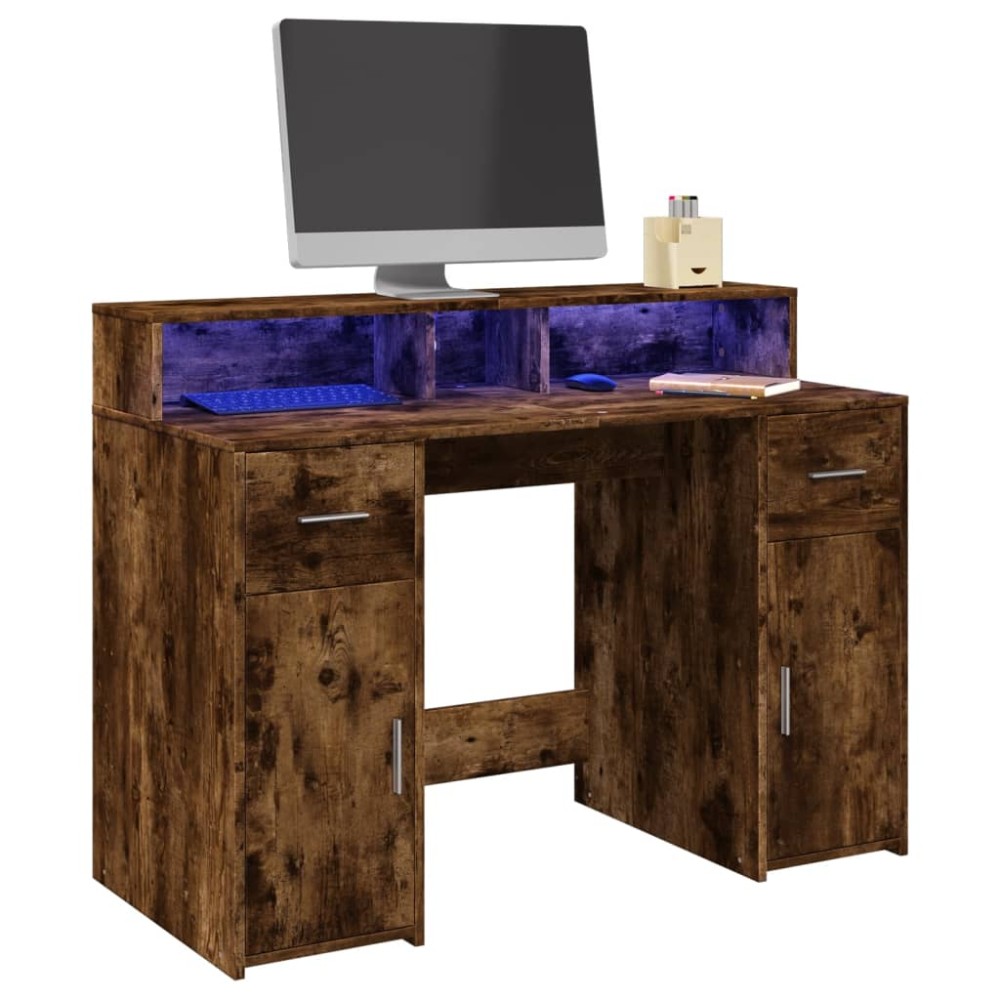 vidaXL Birou cu lumini LED stejar fumuriu 120x55x91 cm lemn prelucrat