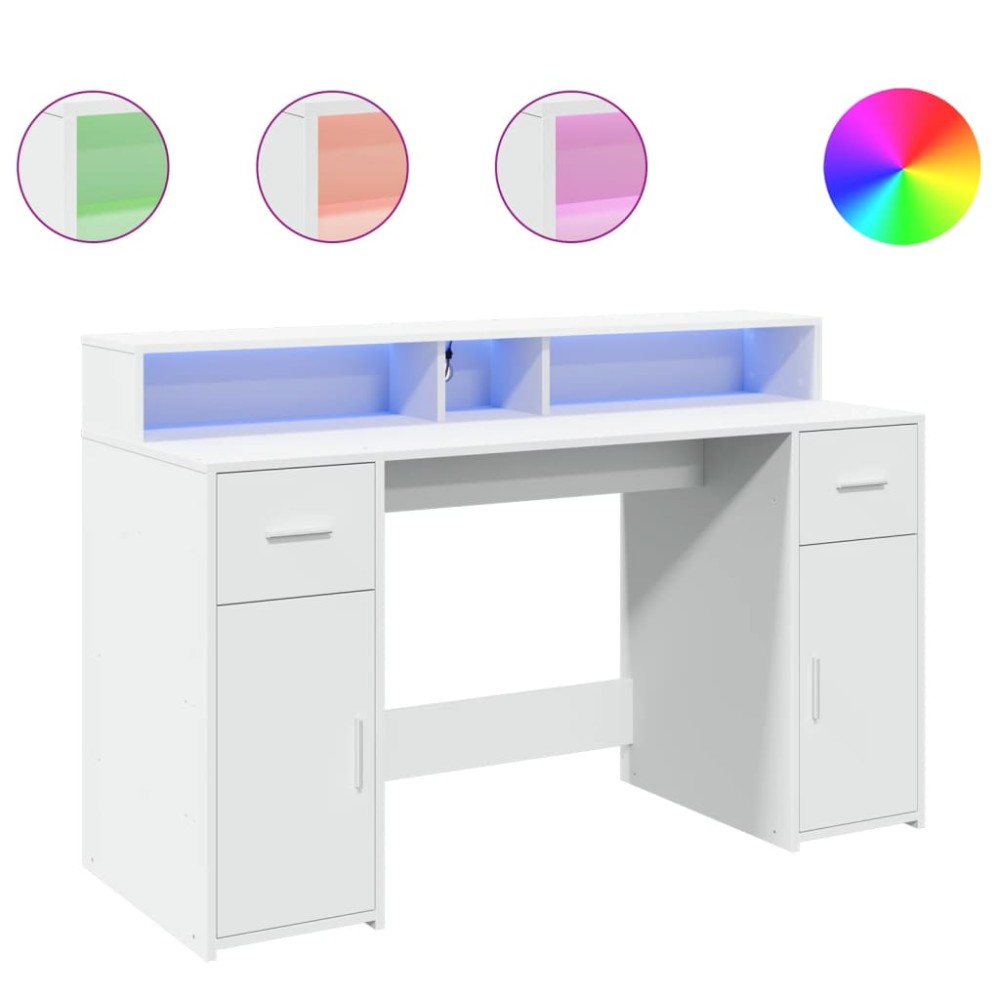 vidaXL Birou cu lumini LED, alb, 140x55x91 cm, lemn prelucrat