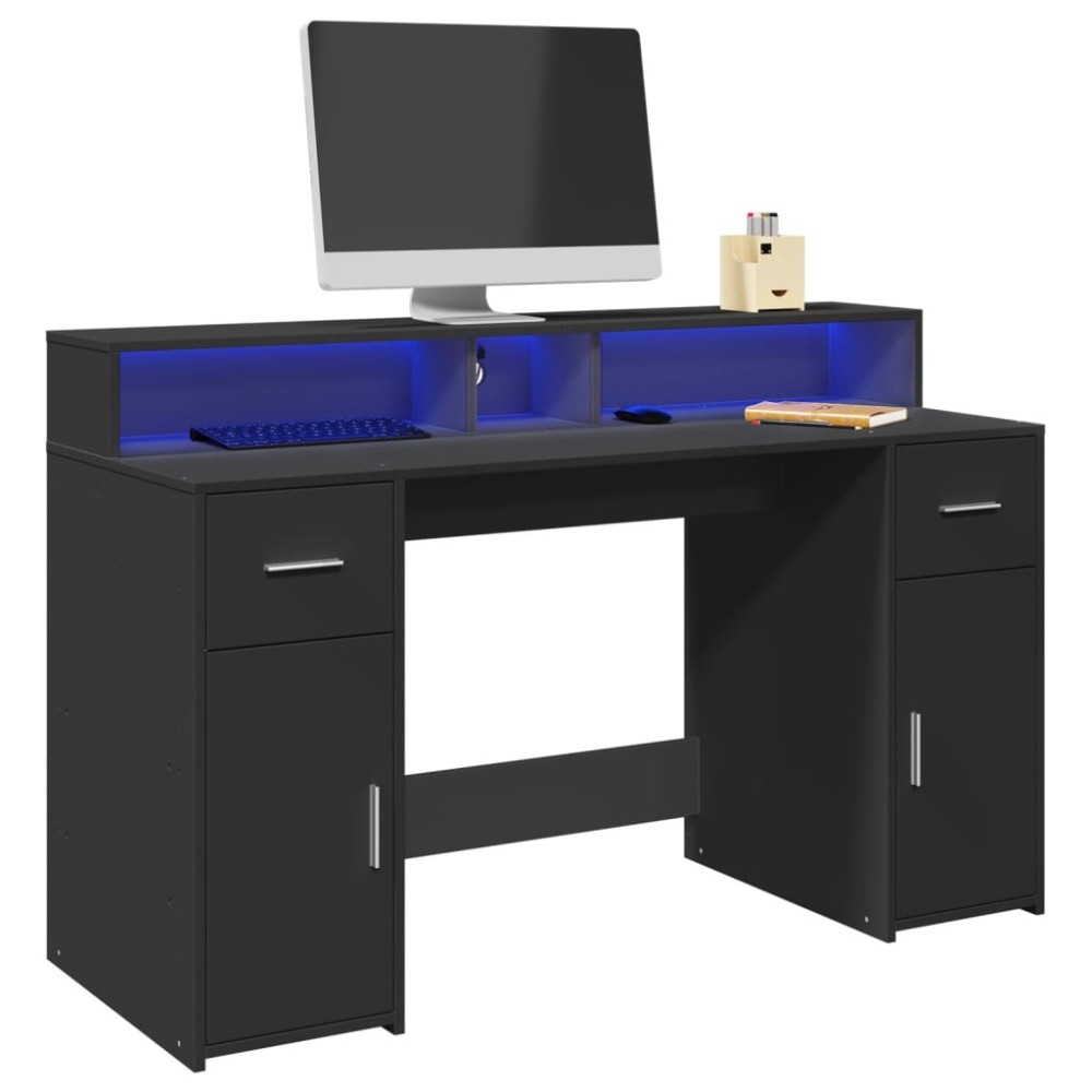 vidaXL Birou cu lumini LED, negru, 140x55x91 cm, lemn prelucrat