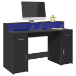 vidaXL Birou cu lumini LED, negru, 140x55x91 cm, lemn prelucrat