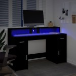 vidaXL Birou cu lumini LED, negru, 140x55x91 cm, lemn prelucrat