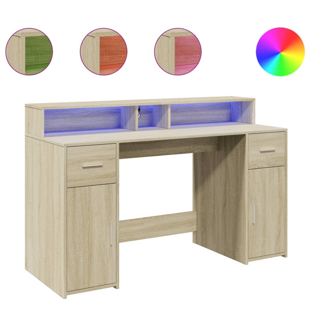 vidaXL Birou cu lumini LED stejar sonoma, 140x55x91 cm, lemn prelucrat