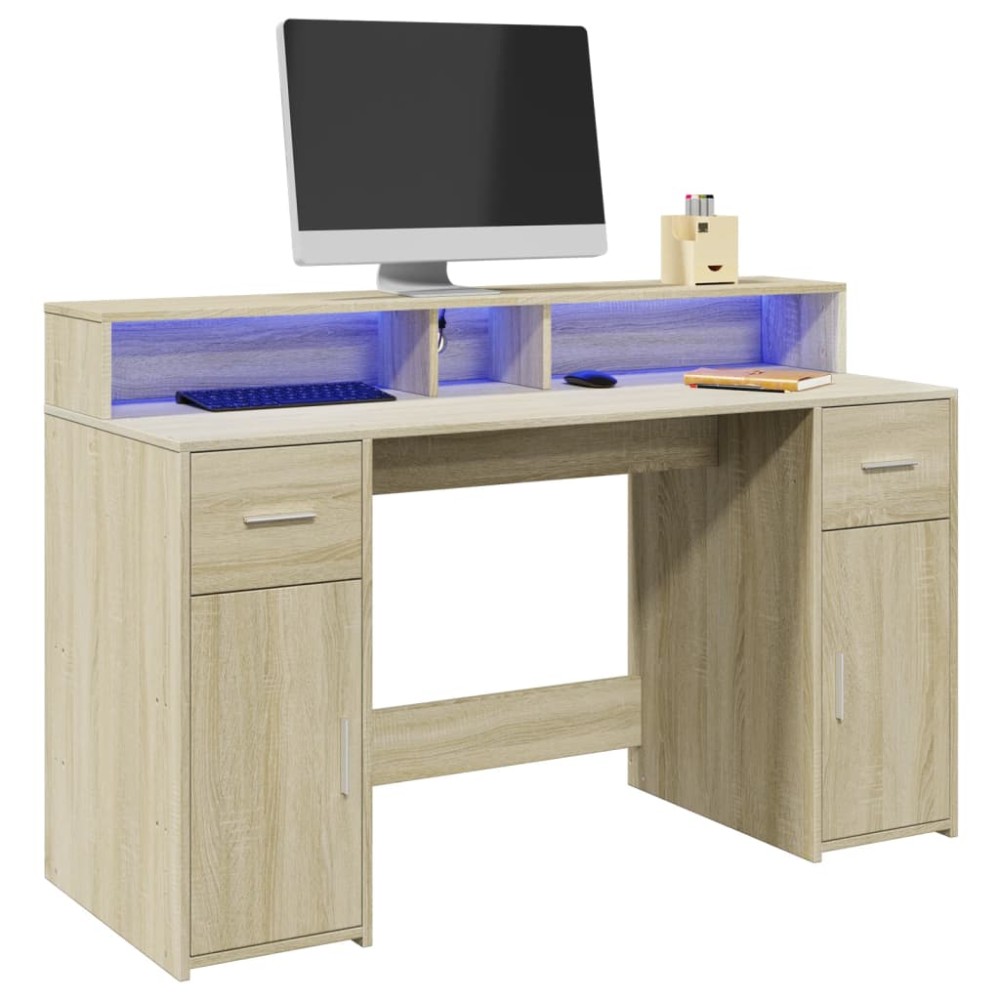 vidaXL Birou cu lumini LED stejar sonoma, 140x55x91 cm, lemn prelucrat