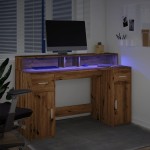 vidaXL Birou cu lumini LED stejar artizanal 140x55x91cm lemn prelucrat vidaXL Birou cu lumini LED stejar artizanal 140x55x91cm lemn prelucrat