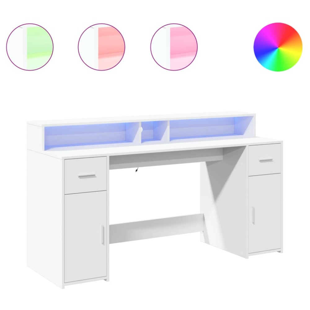 vidaXL Birou cu lumini LED, alb, 160x55x91 cm, lemn prelucrat