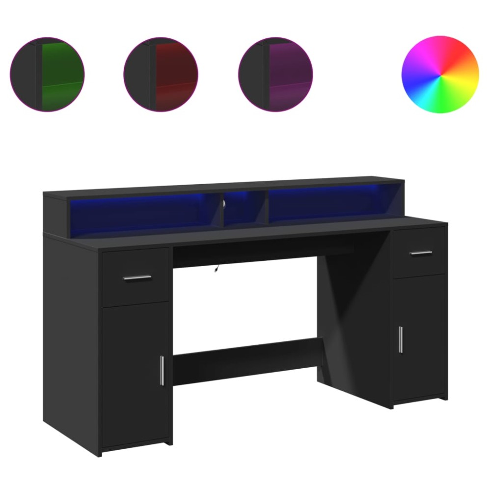 vidaXL Birou cu lumini LED, negru, 160x55x91 cm, lemn prelucrat
