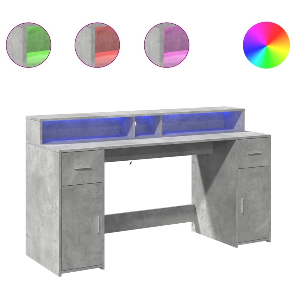 vidaXL Birou cu lumini LED, gri beton, 160x55x91 cm, lemn prelucrat