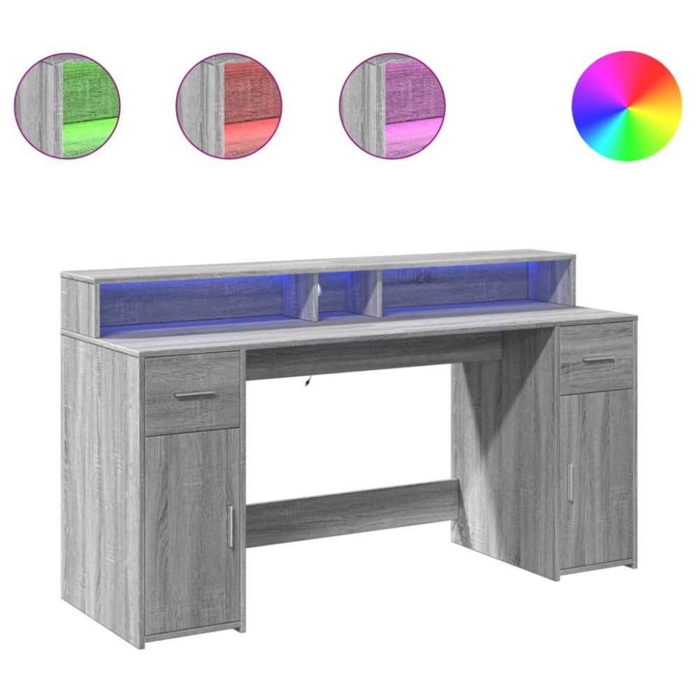 vidaXL Birou cu lumini LED, gri sonoma, 160x55x91 cm, lemn prelucrat