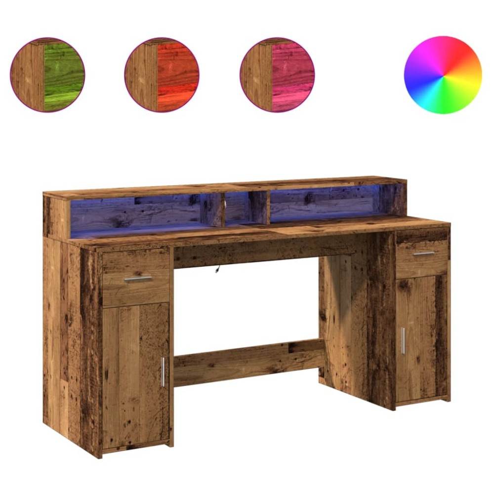 vidaXL Birou cu lumini LED, lemn vechi, 160x55x91 cm, lemn prelucrat
