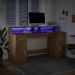 vidaXL Birou cu lumini LED stejar artizanal 160x55x91cm lemn prelucrat vidaXL Birou cu lumini LED stejar artizanal 160x55x91cm lemn prelucrat