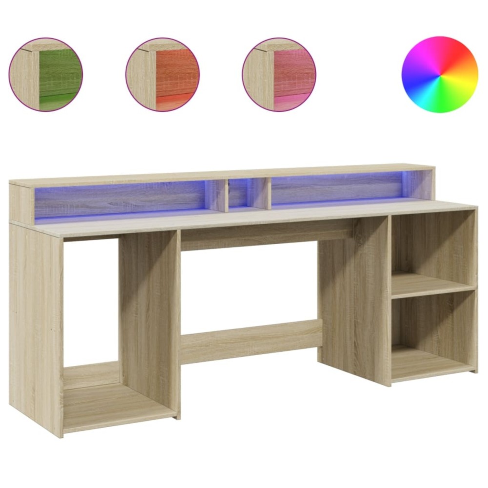 vidaXL Birou cu lumini LED stejar sonoma, 200x55x91 cm, lemn prelucrat