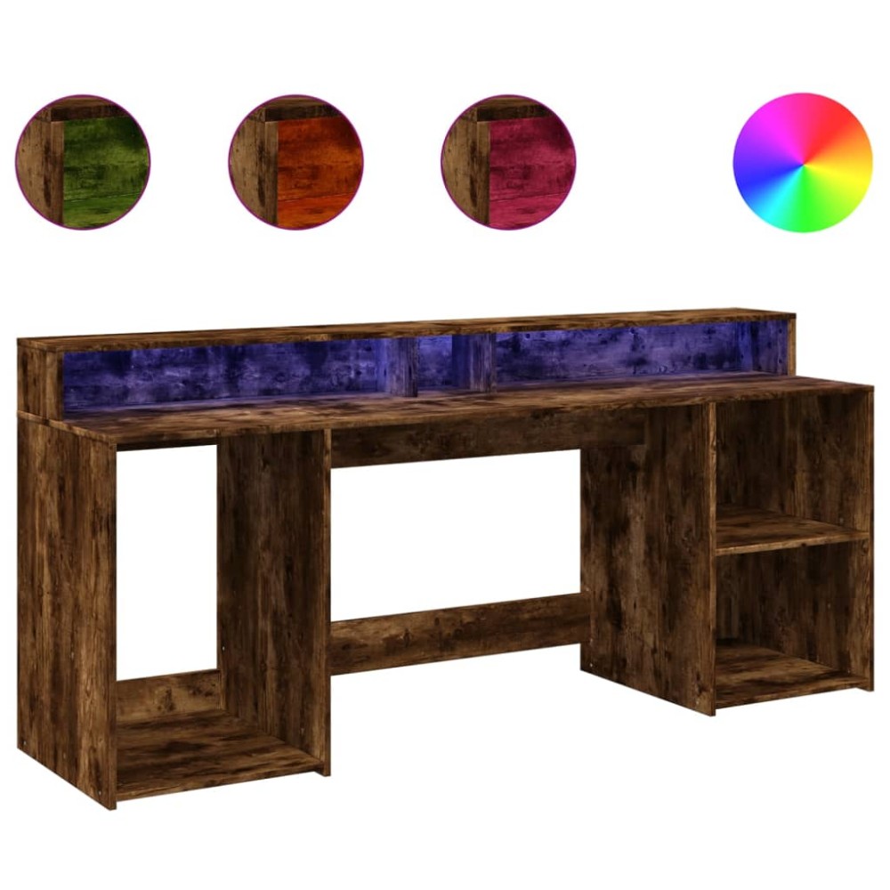 vidaXL Birou cu lumini LED stejar fumuriu 200x55x91 cm lemn prelucrat
