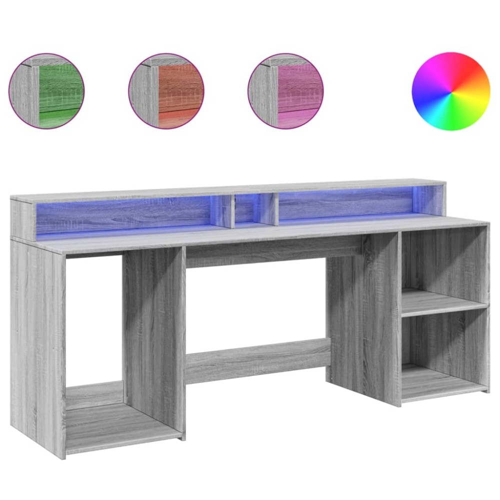 vidaXL Birou cu lumini LED, gri sonoma, 200x55x91 cm, lemn prelucrat