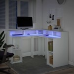 vidaXL Birou cu lumini LED, alb, 130x130x91 cm, lemn prelucrat vidaXL Birou cu lumini LED, alb, 130x130x91 cm, lemn prelucrat