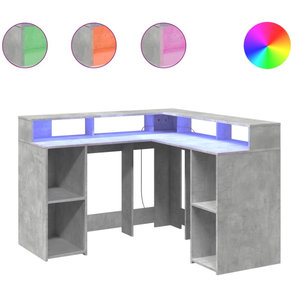 vidaXL Birou cu lumini LED, gri beton, 130x130x91 cm, lemn prelucrat