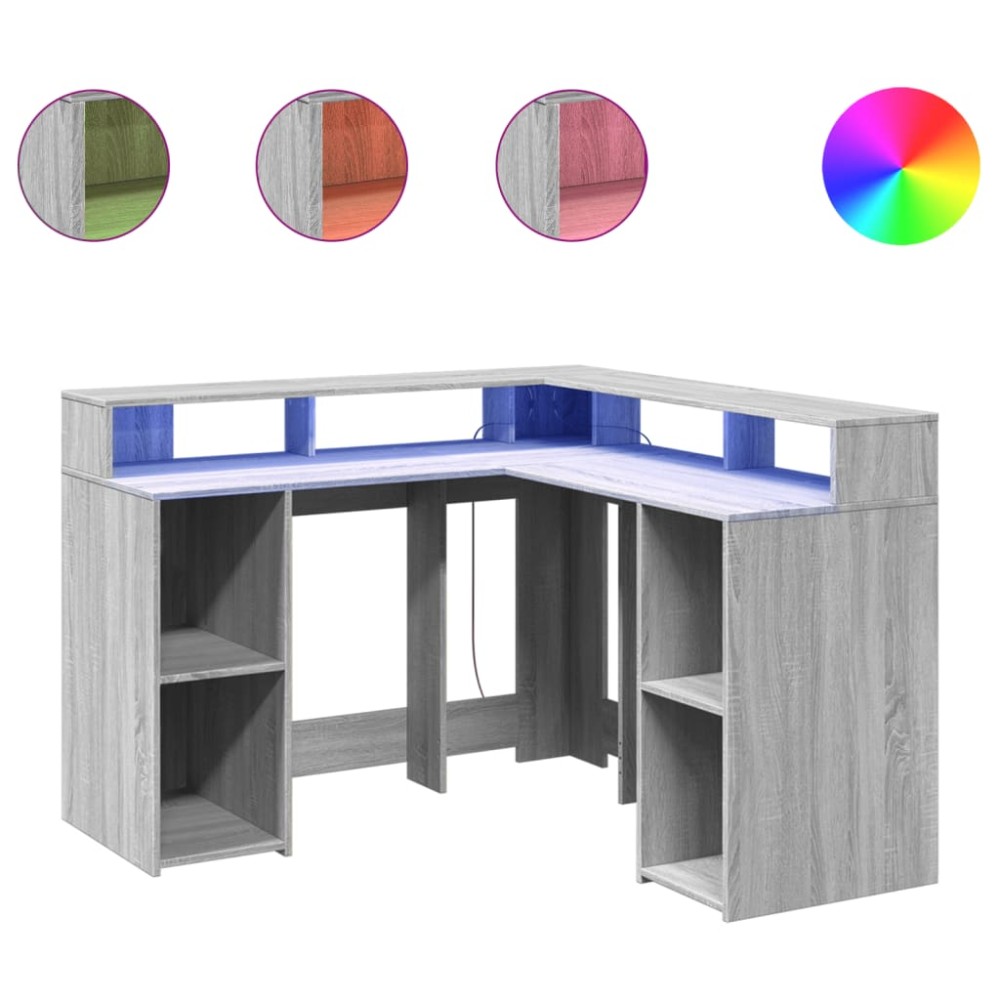 vidaXL Birou cu lumini LED, gri sonoma, 130x130x91 cm, lemn prelucrat