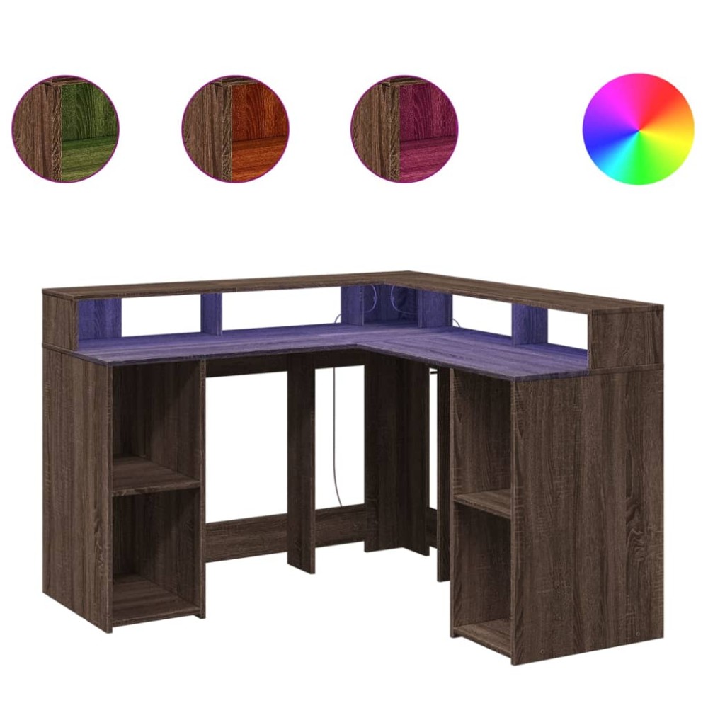 vidaXL Birou cu lumini LED, stejar maro, 130x130x91 cm, lemn prelucrat